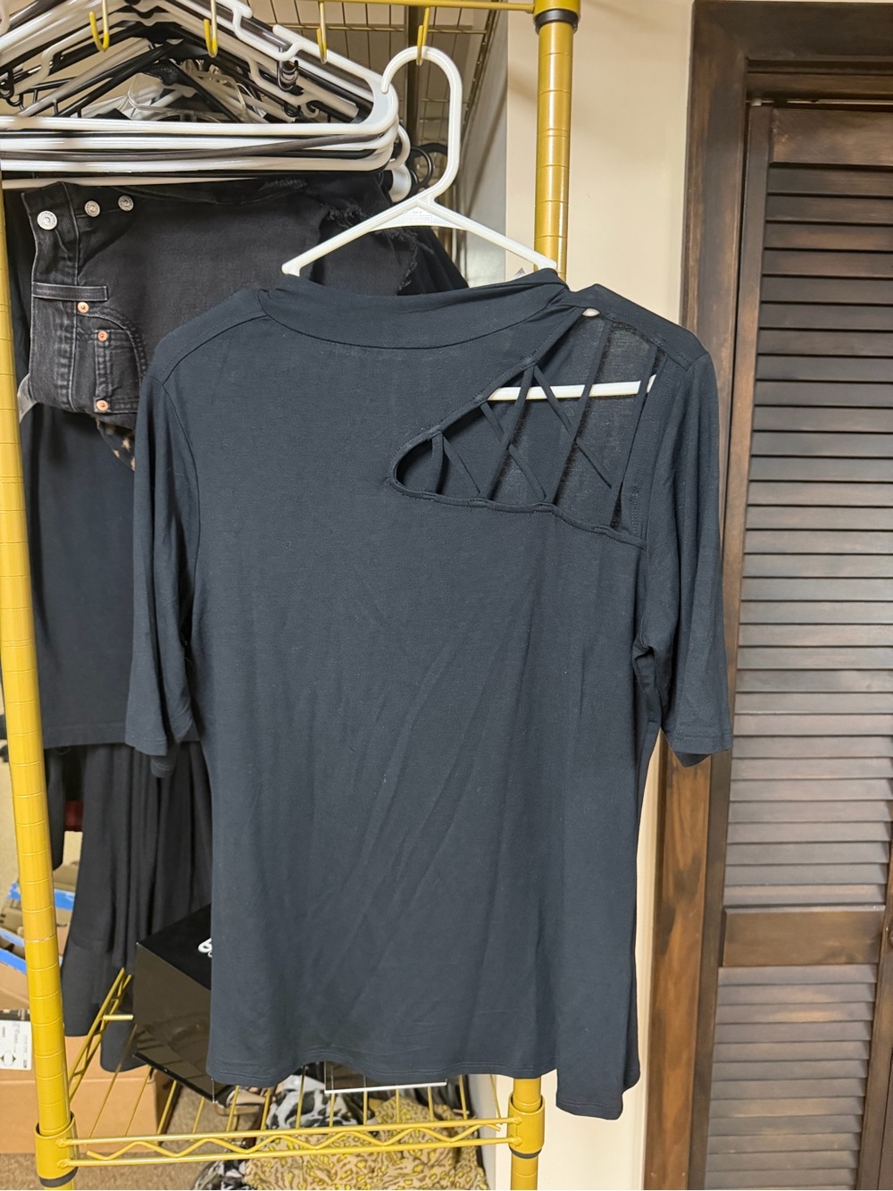 VENUS Black Short Sleeve Top with Lattice Shoulder Cutout